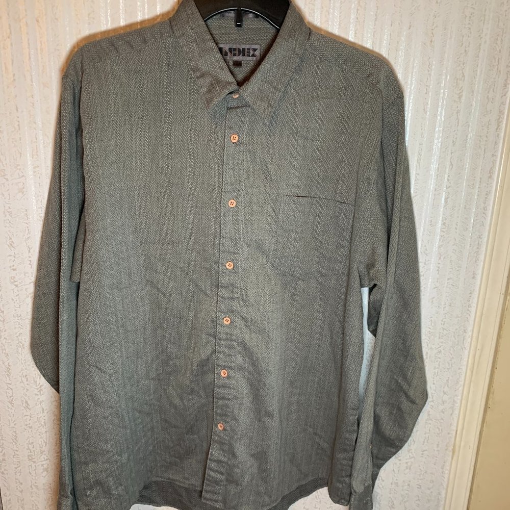 MENS - sz 16.5 Vintage INDEX long sleeve button down gray shirt, herringbone